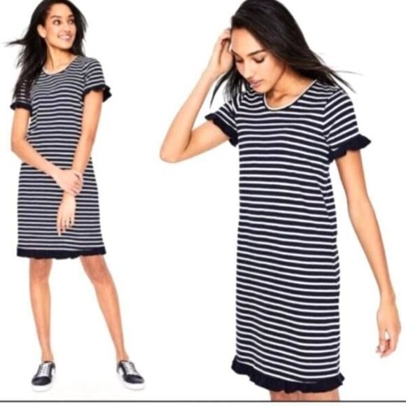 Boden Emily Striped Jersey Ruffle Trim Dress in Navy/Ivory size 8R - Picture 1 of 6